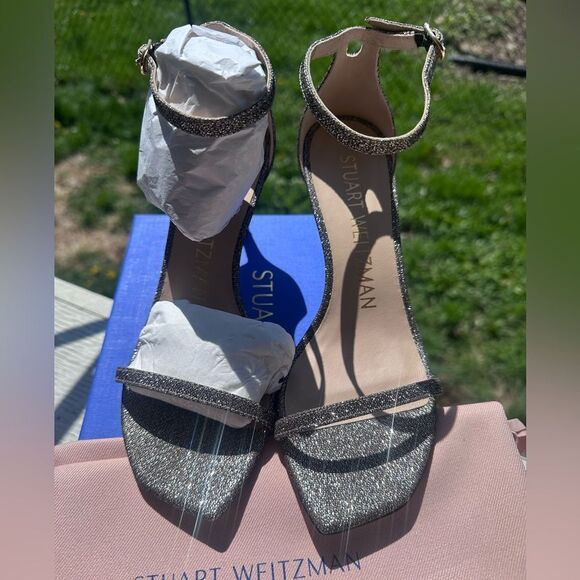 NIB Stuart Weitzman Nudist Curve Square Toe Glitter High Heel Sandals Size 6.5 - Picture 2 of 13
